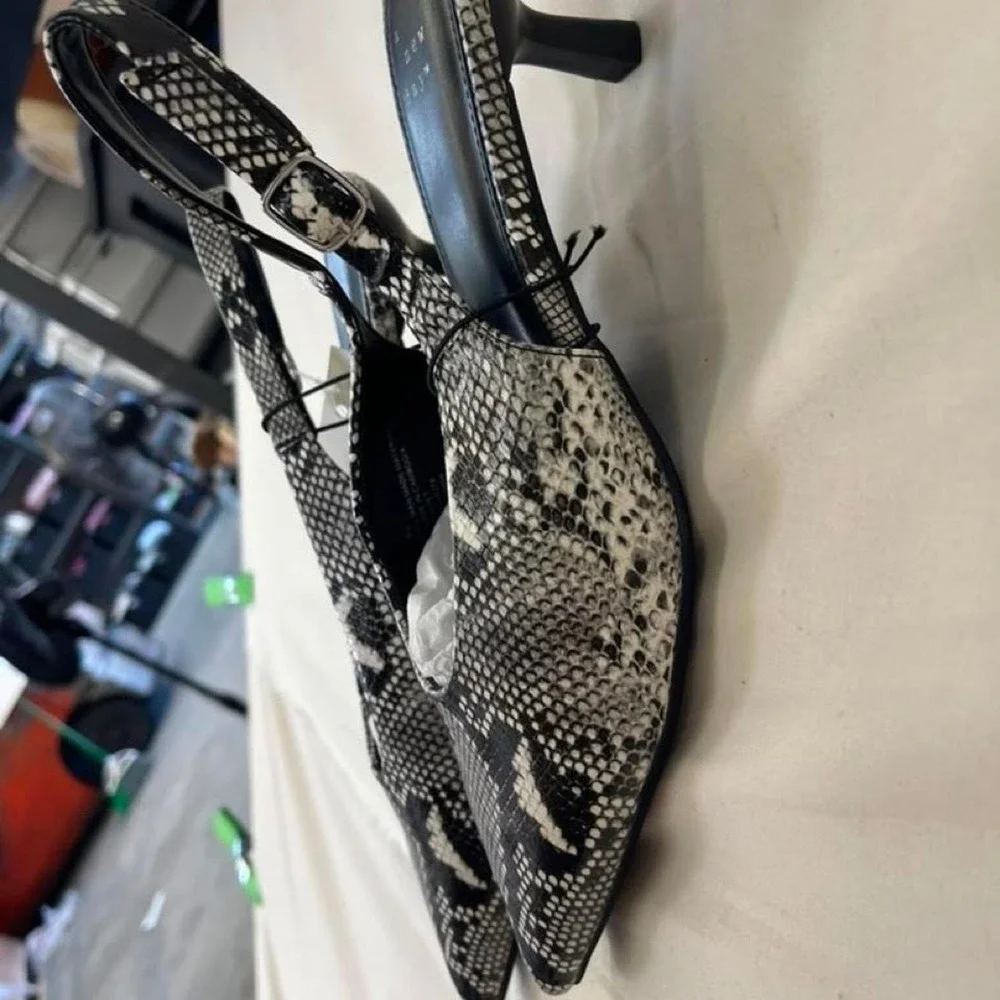Black & white snake print kitten heel slingback shoes